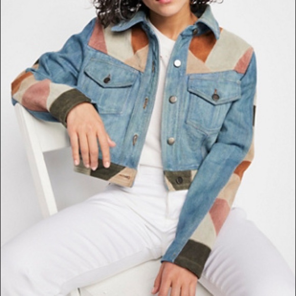 Free People XS Vintage Denim Jacket with Suede Patchwork